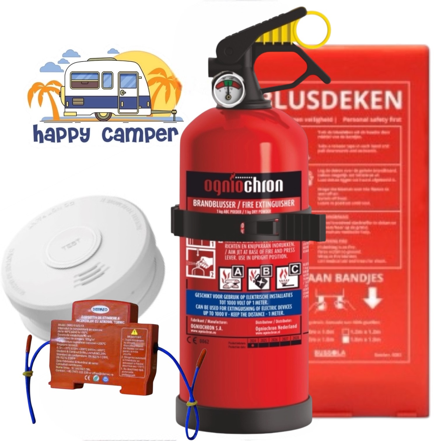 Brandveiligheidspakket Camping en Huis Met vorstvrije poederblusser (1kg), blusdeken, meterkastblusser en rookmelder