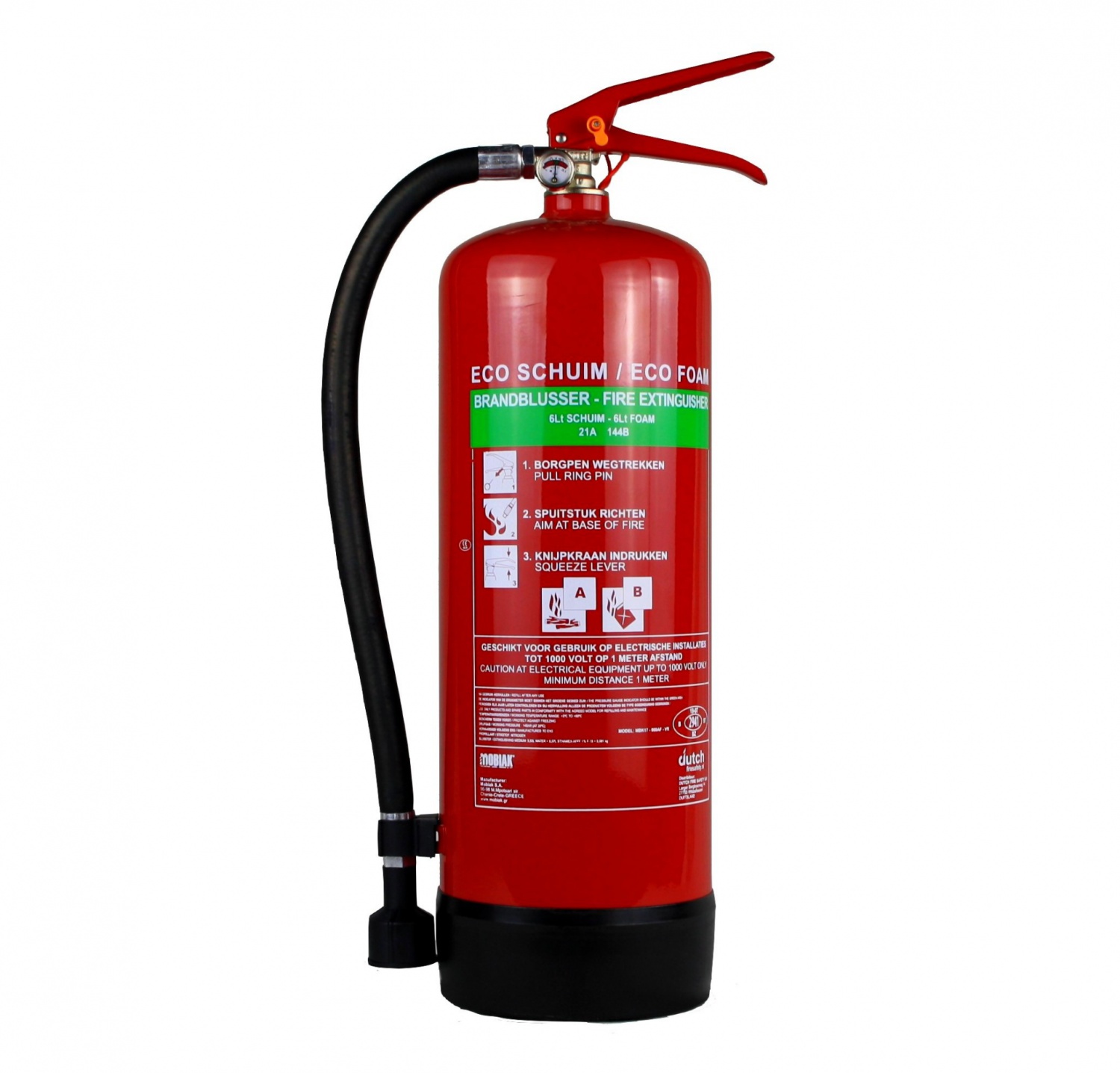 Mobiak schuimblusser 6 liter Nederlands en Engels etiket