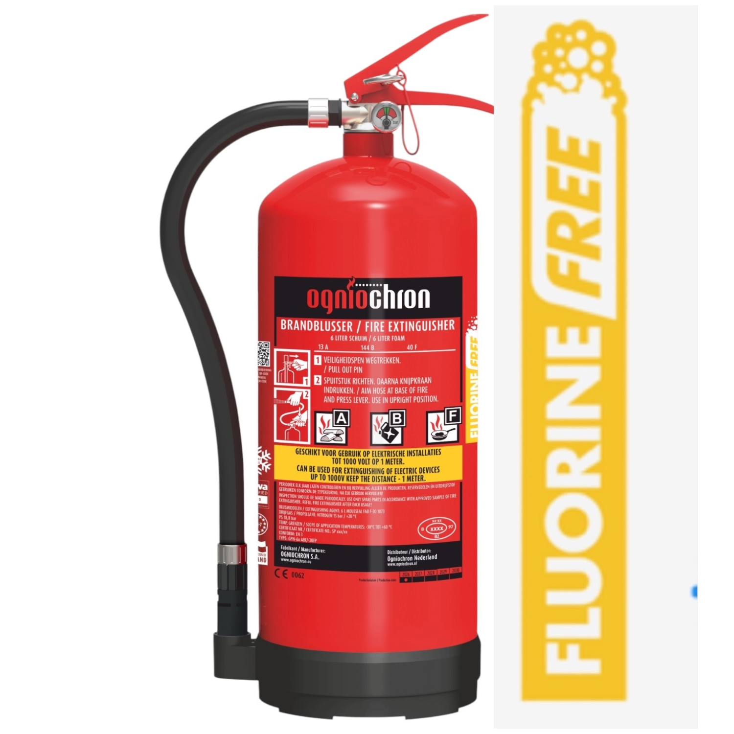 Ogniochron ABF PFAS vrije vetblusser 6 liter ontworpen om branden te blussen die worden veroorzaakt door brandende vetten en oliën, zoals in keukens of frituurkramen.