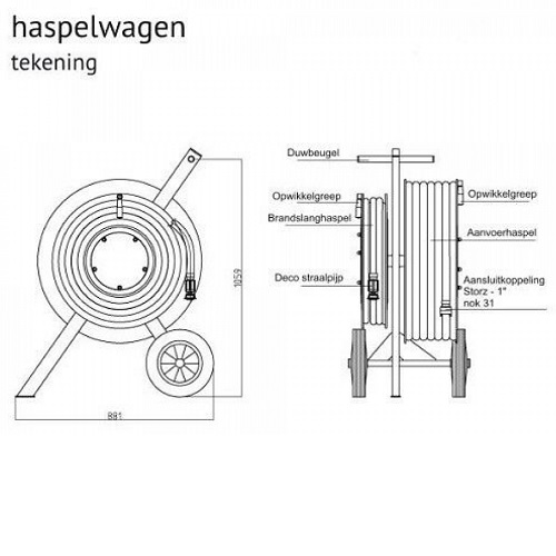 Saval haspelwagen 45 meter 1" met 15 meter 3/4 brandslanghaspel